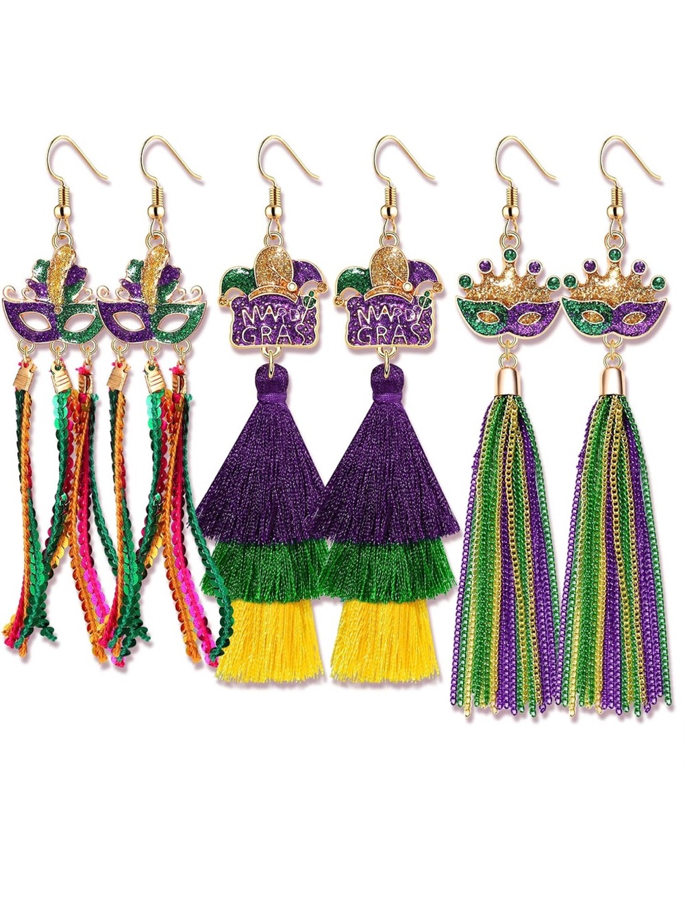 YAHPERN 3Pairs Mardi Gras Earrings for Women Beaded Crown Dangle Earrings